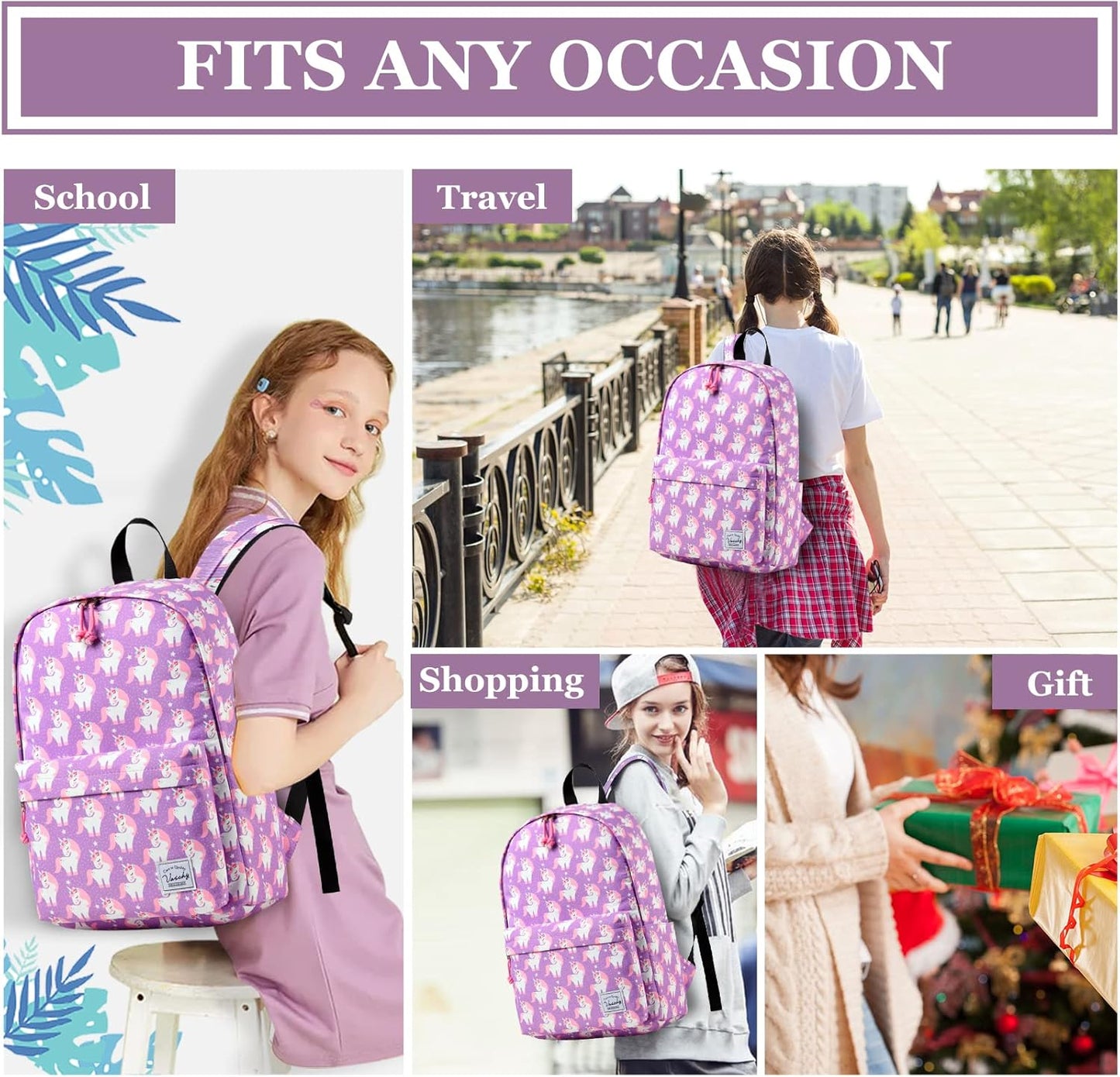 VASCHY Lightweight School Backpack for Women with Sleeve for 14" Laptop