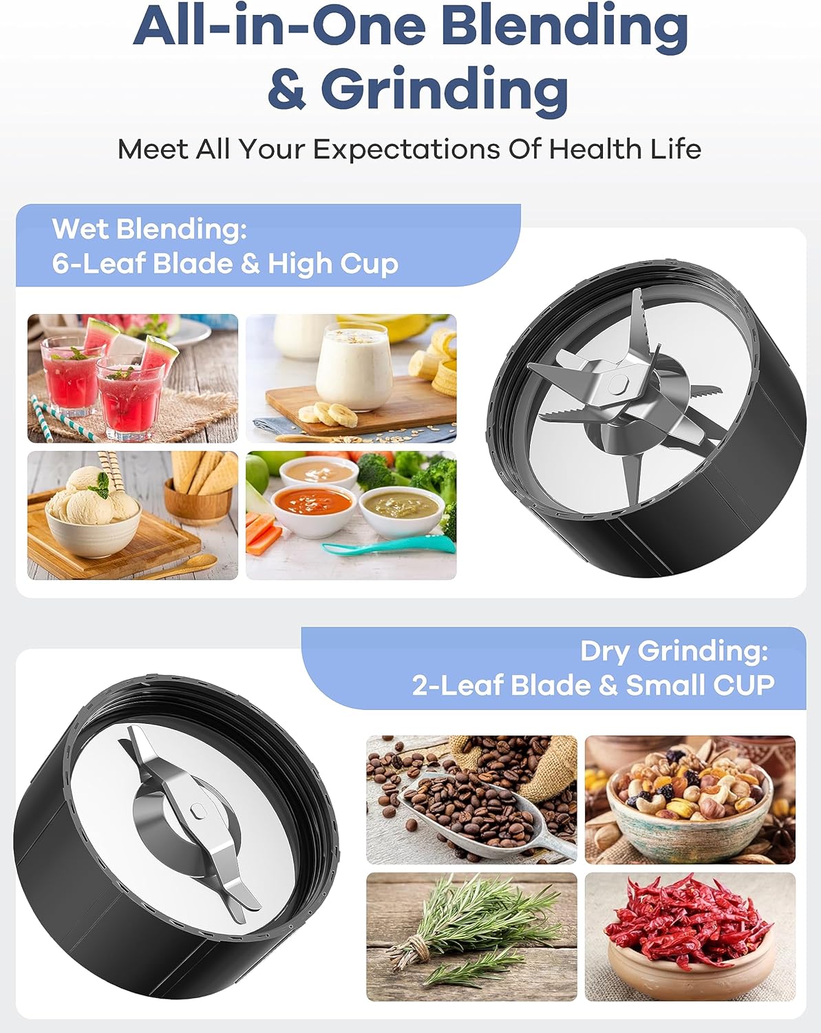 Smoothie Blender, Ganiza Blenders for Smoothies with 15-Piece Blender and Grinder Combo, 4 BPA-Free Personal Blender Cup, for Shakes, Protein Drinks, Fruit Vegetable Drink, Nuts, Spices, Coffee Beans