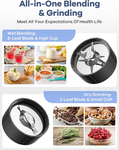 Smoothie Blender, Ganiza Blenders for Smoothies with 15-Piece Blender and Grinder Combo, 4 BPA-Free Personal Blender Cup, for Shakes, Protein Drinks, Fruit Vegetable Drink, Nuts, Spices, Coffee Beans
