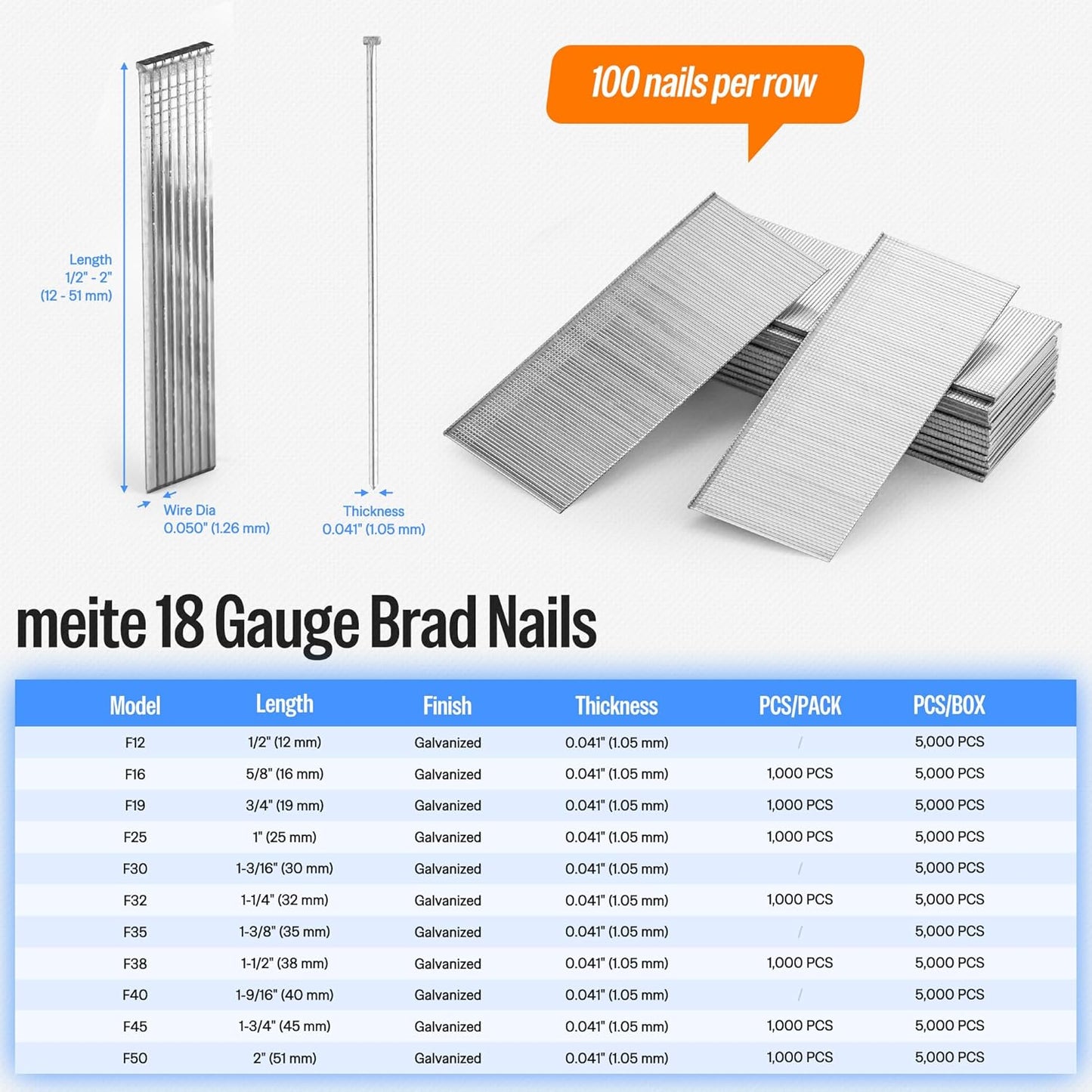 meite F50 18 Gauge 2-Inch Leg Length Galvanized Brad Nail Ideal for Upholstery, Trims, Molding, Woodworking 5000pcs/Box (1 Box)
