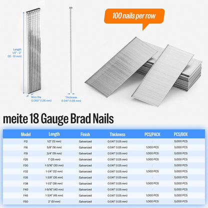 meite F50 18 Gauge 2-Inch Leg Length Galvanized Brad Nail Ideal for Upholstery, Trims, Molding, Woodworking 5000pcs/Box (1 Box)