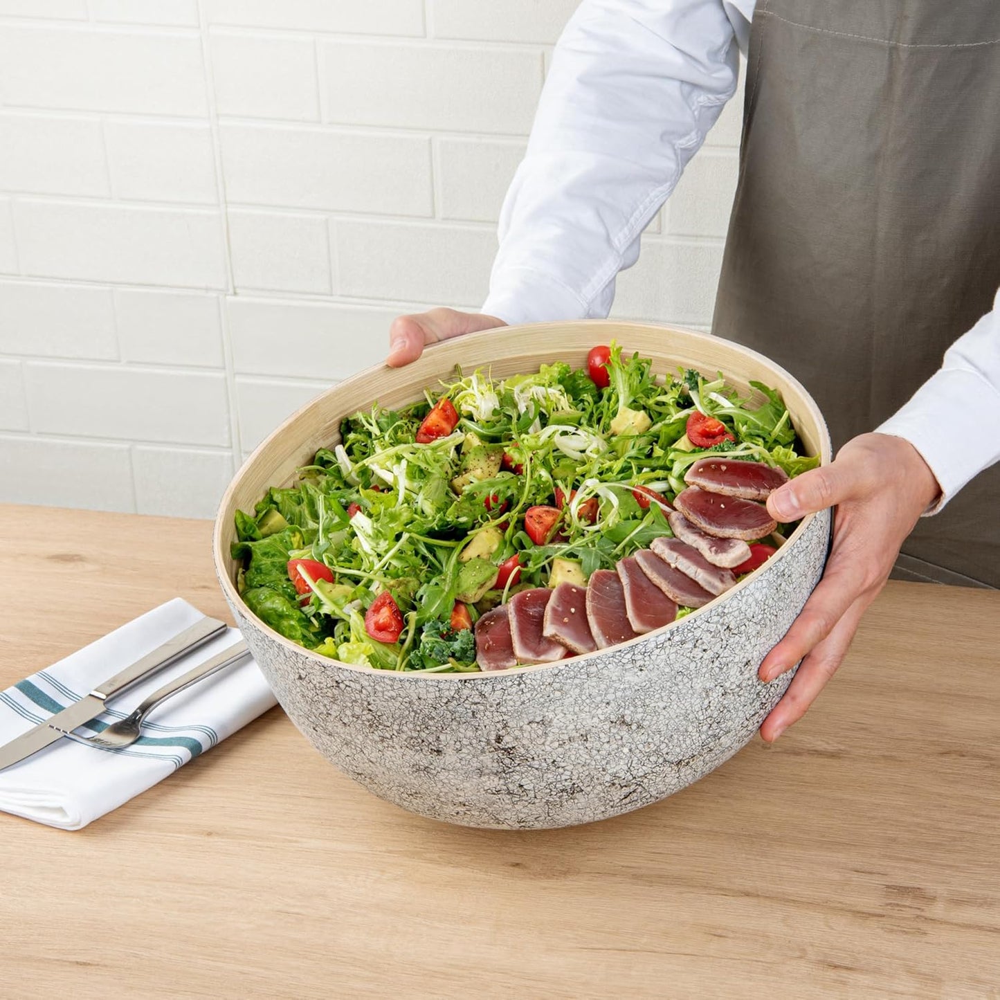 Restaurantware-Bambuddha 51 Ounce Extra Large Salad Bowl, 1 Heavy-Duty Round Salad Bowl - Sustainable, Reusable, Blue Bamboo Serving Dish, for Serving Salads, Fruits, and Appetizers