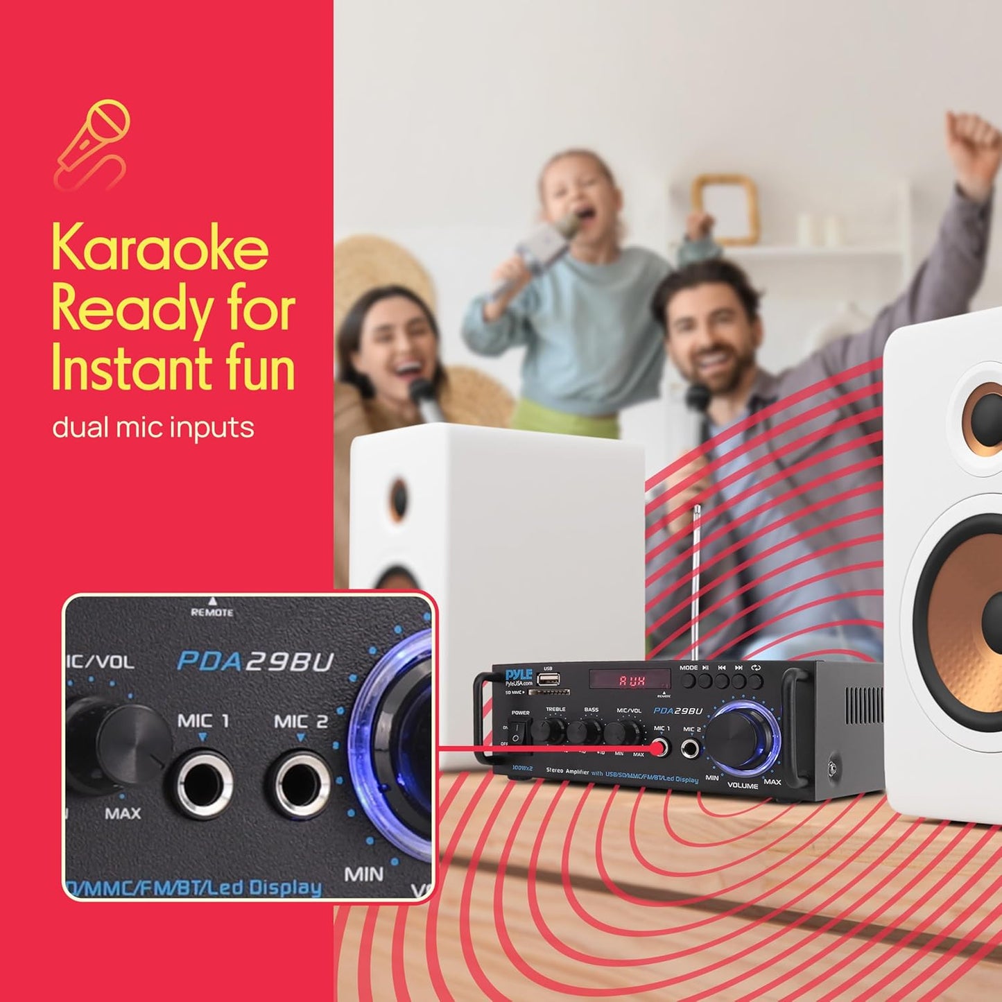 Pyle Bluetooth Amplifier-Wireless Dual Channel Stereo Amp, Powerful and Compact, 200W, LED Display, RCA/USB/SD/AUX/MIC in, FM Radio, Perfect for Home and Studio Audio