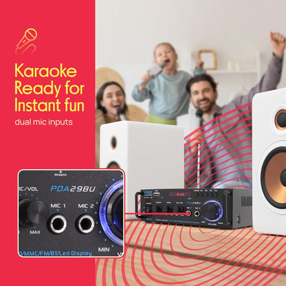 Pyle Bluetooth Amplifier-Wireless Dual Channel Stereo Amp, Powerful and Compact, 200W, LED Display, RCA/USB/SD/AUX/MIC in, FM Radio, Perfect for Home and Studio Audio