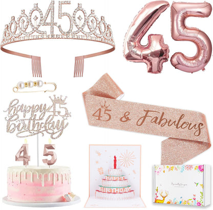 8pcs 40th Birthday Decorations gifts for Women, Including 40th Happy Birthday Cake Topper, Queen Sash with Pearl Pin, Sweet Rhinestone Tiara Crown for Women, Number Candles and Balloons (Rose Gold)