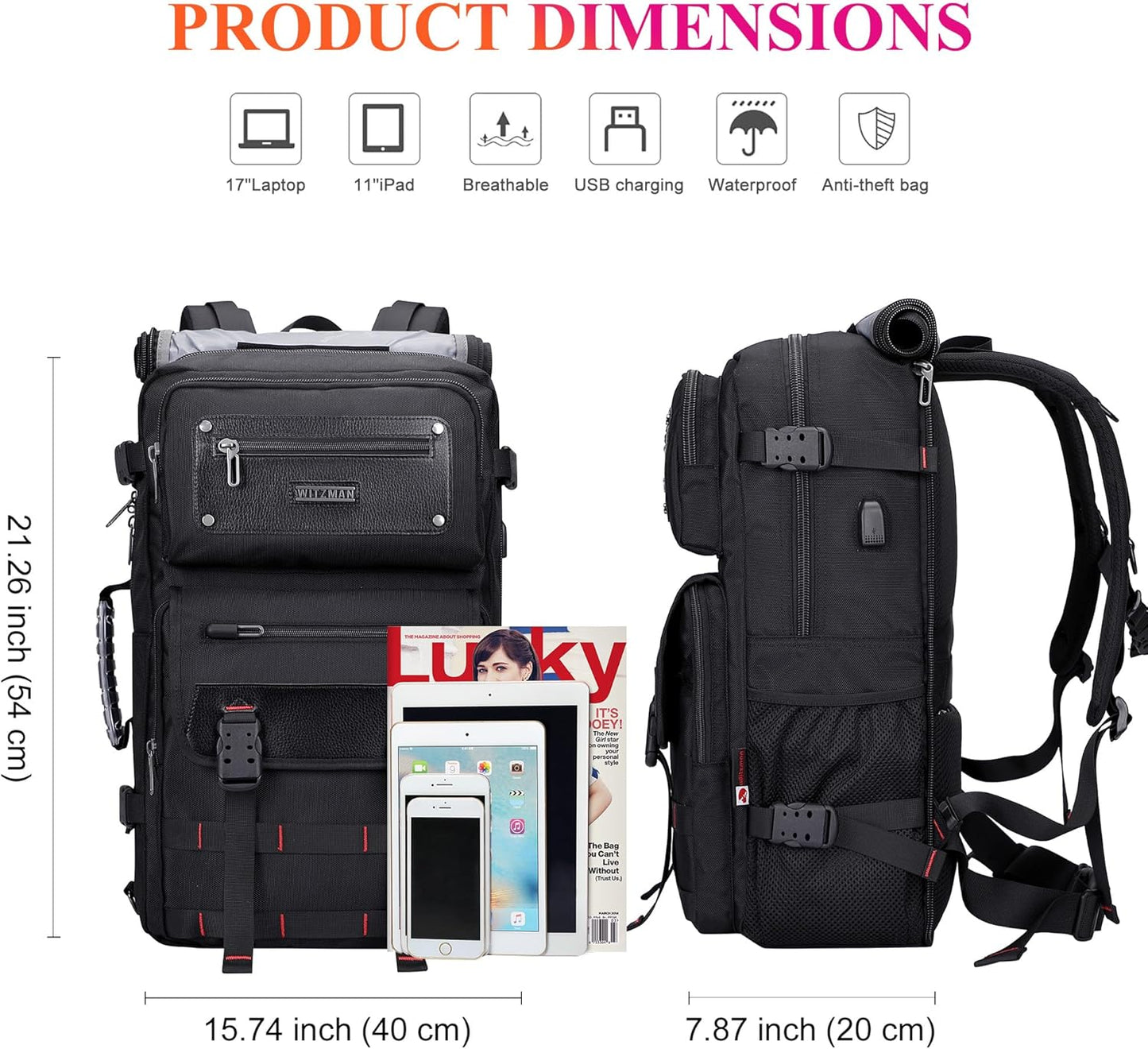 WITZMAN Carry On Travel Backpack for Men Duffle Bags Fit for 17 Inch Laptop Airline Approved Laptop Backpack