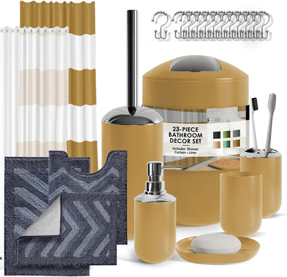 Clara Clark Bathroom Set - Gray Bathroom Accessories Set, Bathroom Sets with Shower Curtain and Rugs, 23PC Shower Curtain Set with Liner, Soap Dispenser, Soap Dish, Toilet Brush Holder, and Trash Can