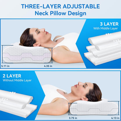 Sandwich Cervical Neck Pillow Queen Size, Memory Foam Pillow for Sleeping, Adjustable Contour Ergonomic Orthopedic Cooling Pillow for Side, Back & Stomach Sleepers（Soft）