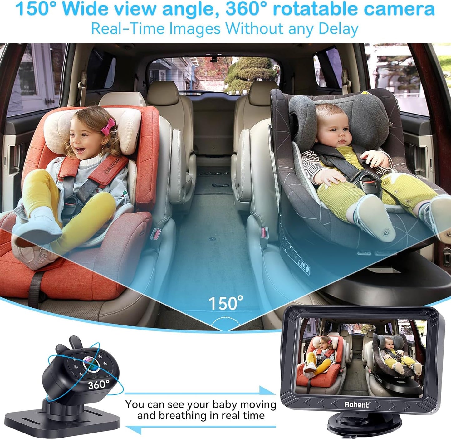 Rohent Baby Car Camera HD 1080P - Rear-Facing Infant Monitor with Night Vision Car Camera for Baby 150° Wide-Angle Lens Anti-Glare Screen Easy Install 360° Adjustable Display
