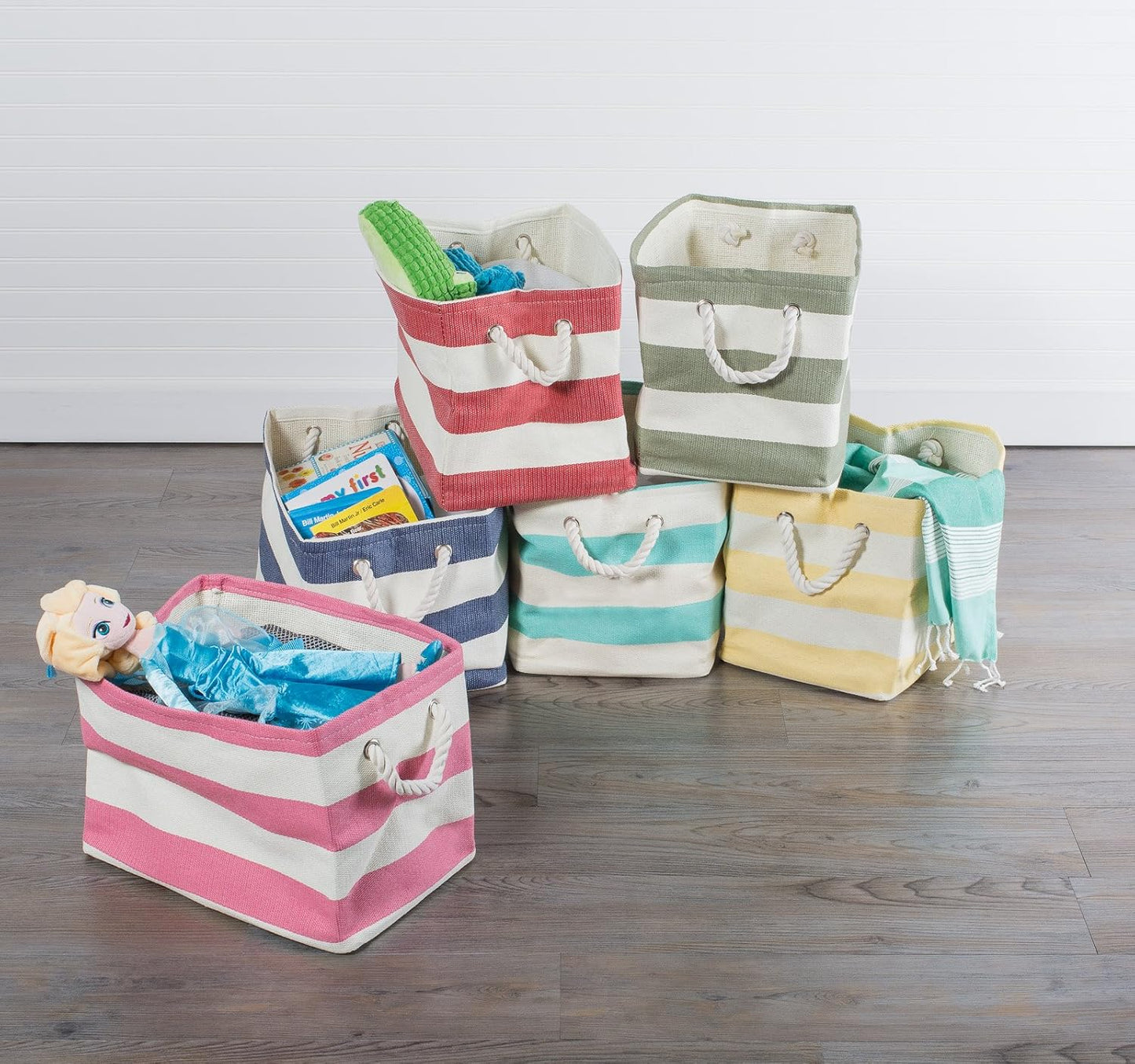 DII Storage Basket or Bin, Collapsible & Convenient Storage Solution for Office, Bedroom, Closet, Toys, Laundry (Large) - Pink Rugby Stripe