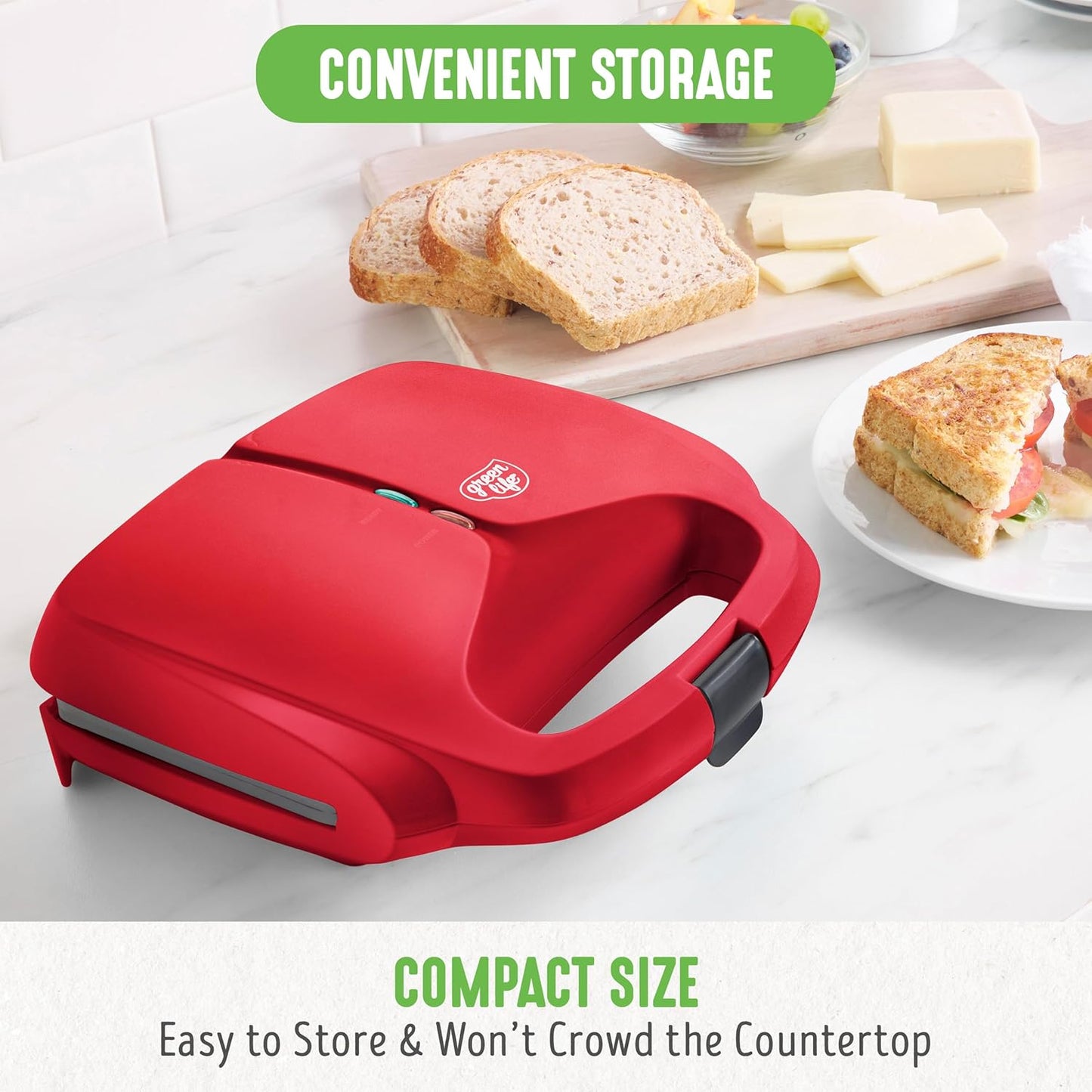 GreenLife Pro Electric Panini Press Grill and Sandwich Maker, French Toast Breakfast Sandwich and Waffle's, Healthy Ceramic Nonstick Plates,Easy Indicator Light, PFAS-Free, Red