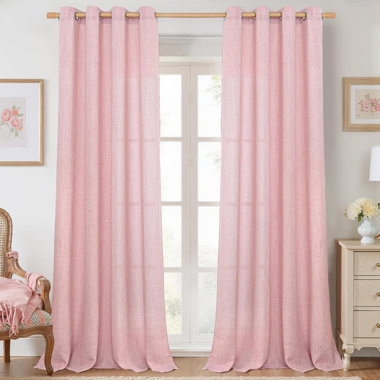 YoungsTex Natural Linen Curtains 84 Inch Long for Living Room Bedroom Grommet Top Light Filtering Privacy Linen Textured Window Semi Sheer Drapes, 2 Panels, 52x84 Inch, Natural