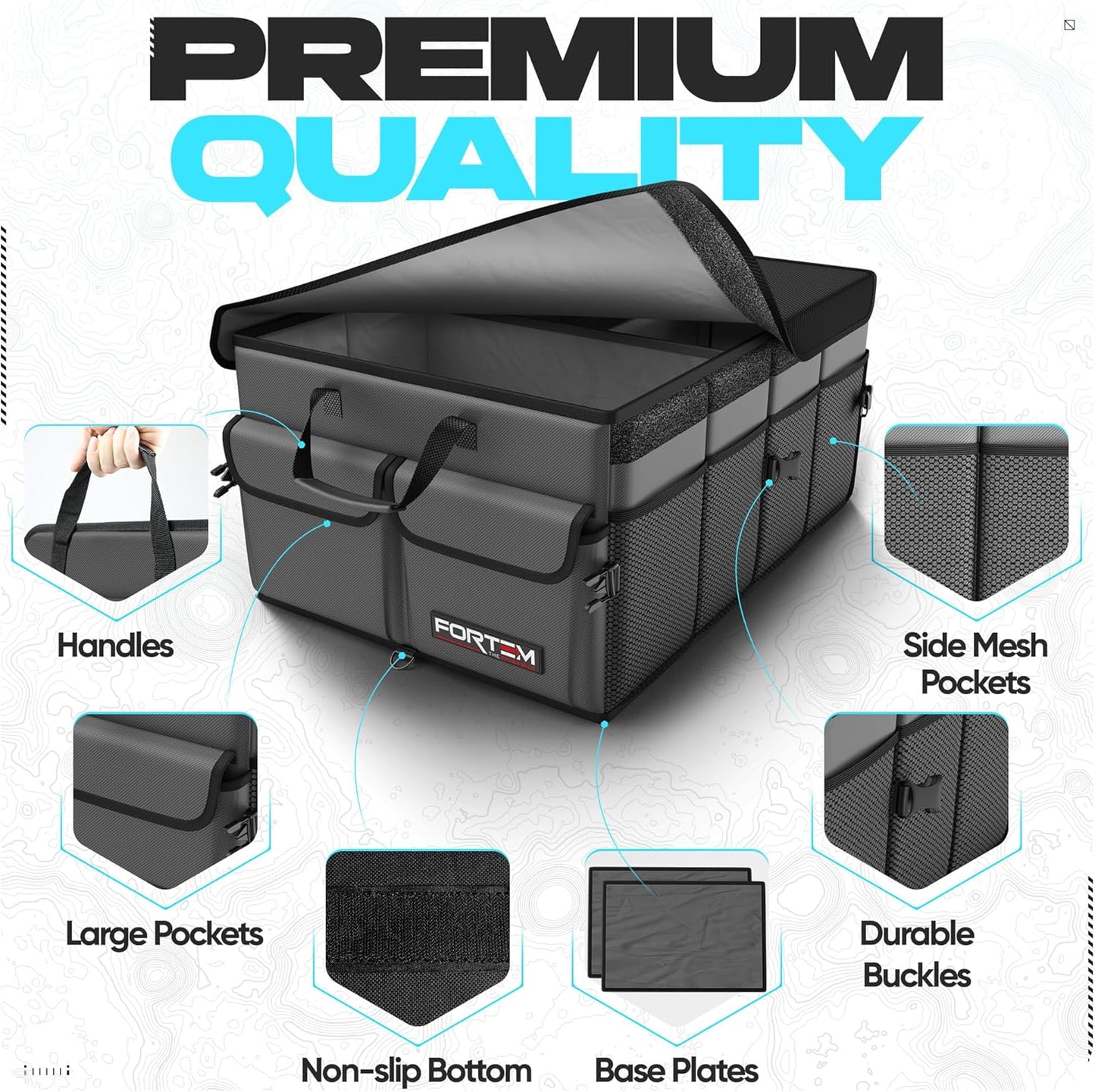 FORTEM Car Trunk Organizer, Collapsible Multi Compartment Car Organizer, Foldable SUV Storage for Car Accessories for Women Men, Non Slip Bottom, Securing Straps, Soft Cover 50L (Black, Standard)