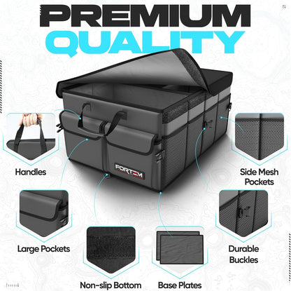 FORTEM Car Trunk Organizer, Collapsible Multi Compartment Car Organizer, Foldable SUV Storage for Car Accessories for Women Men, Non Slip Bottom, Securing Straps, Soft Cover 50L (Black, Standard)