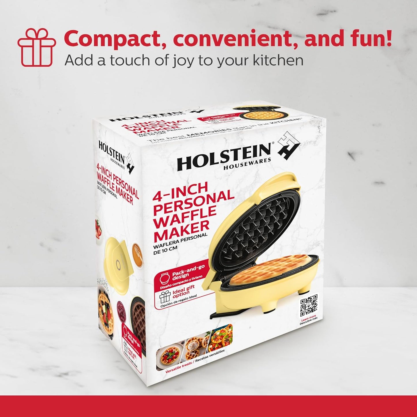 Holstein Housewares Personal/Mini Waffle Maker, Non-Stick Coating, Yellow - 4-inch Waffles in Minutes, Ideal for Breakfast, Brunch, Lunch or Snacks