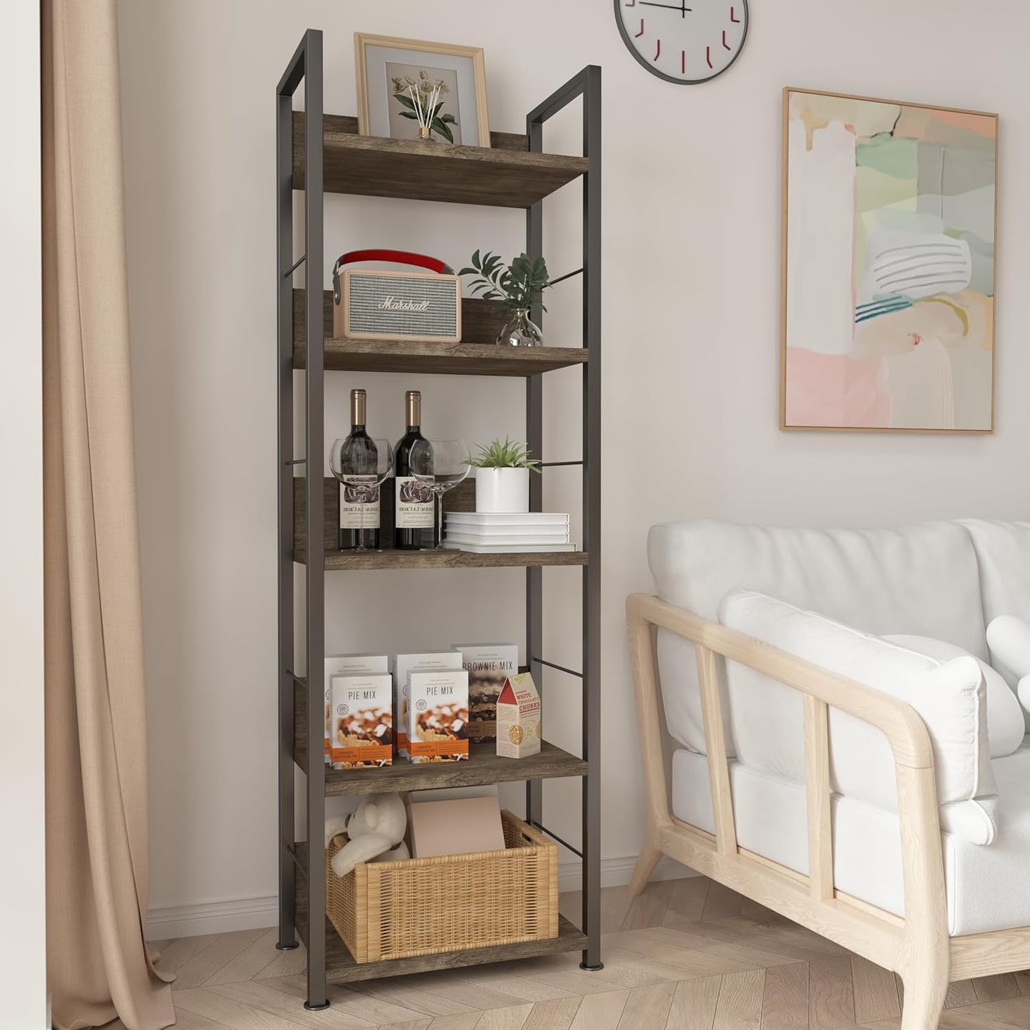 KZZLOL Bookshelf 5 Tier, Corner Bookcase with MDF Board & Metal Frame, Industrial Book Shelf Decor for Living Room, Study, Kitchen ,Bedroom Storage (Dark Brown)