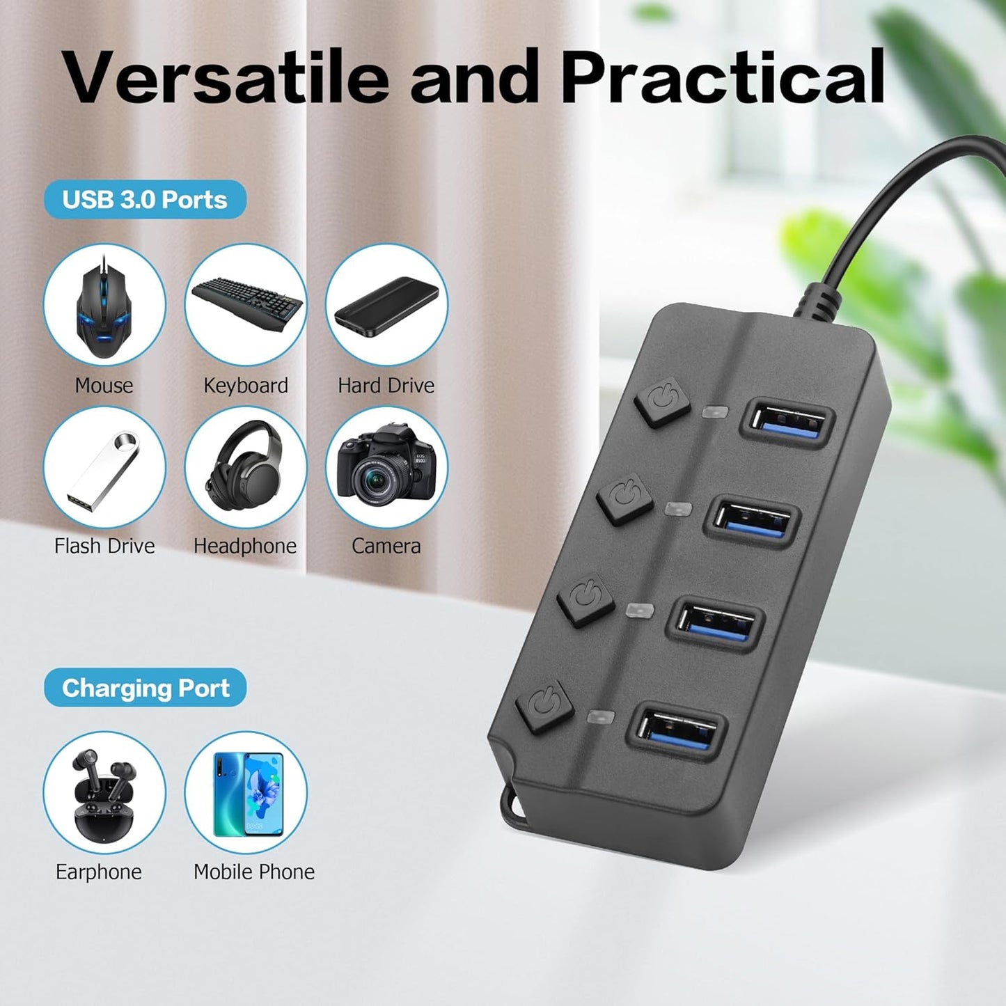 90 Degree USB Hub Splitter YACSEJAO USB 2.0 Data Hub with Individual LED Button On/Off Switch DC5.5 * 2.1 Power Port for Laptop,PC Computer (7 Ports, 1M)