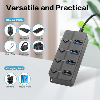 90 Degree USB Hub Splitter YACSEJAO USB 2.0 Data Hub with Individual LED Button On/Off Switch DC5.5 * 2.1 Power Port for Laptop,PC Computer (7 Ports, 1M)