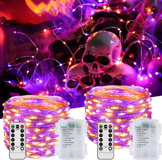 Fairy Lights Battery Powered 2 Pack Halloween Lights 8 Lighting Modes Waterproof Twinkle String Lights, Copper Wire Lights with Remote Control for Halloween Indoor Garden Party Decor (Orange&Purple)
