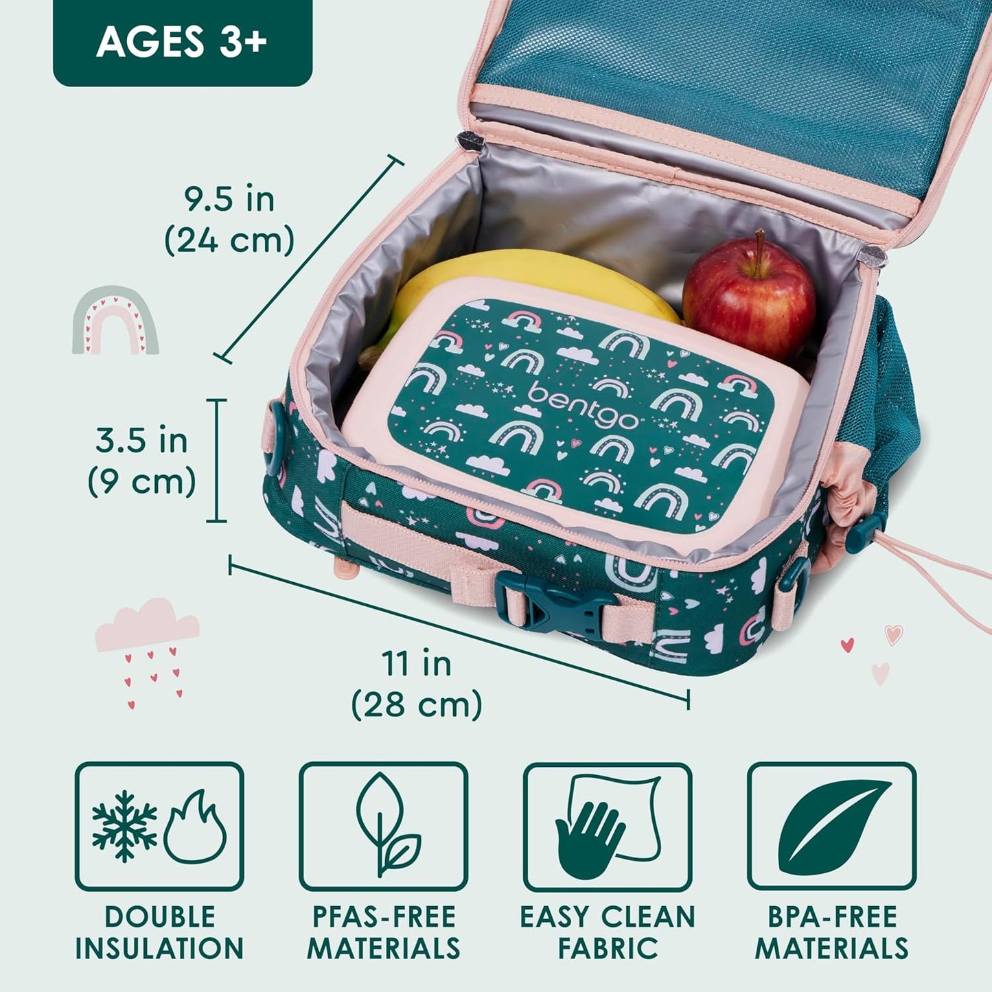 Bentgo® Kids Lunch Bag - Durable, Double Insulated, Water-Resistant Fabric, Interior & Exterior Zippered Pockets, Water Bottle Holder - Ideal for Children 3+ (Shark)