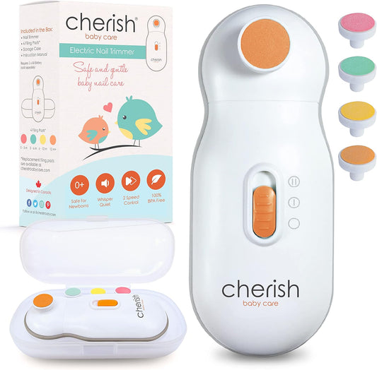 Cherish Baby Care Award-Winning Electric Nail File Baby (0-12 Months) - WIth Automatic Safety Stop, Storage Case and 4 Filing Pads, Baby Grooming Kit Newborn, Newborn Essentials & Baby Must Haves