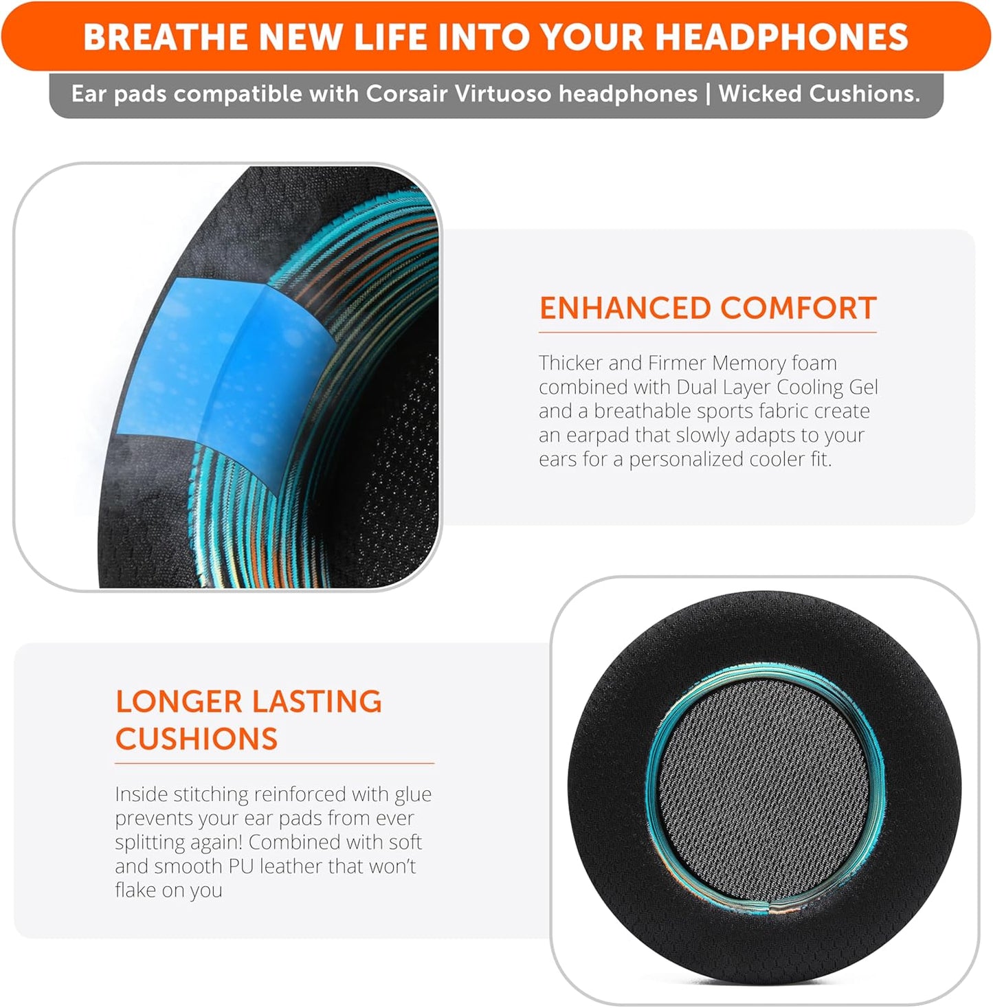 WC Freeze Virtuoso - Hybrid Fabric Cooling Gel Replacement Earpads for Corsair Virtuoso Gaming Headset, Made by Wicked Cushions, Improved Durability, Thickness and Sound Isolation | Cyan Prism