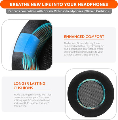 WC Freeze Virtuoso - Hybrid Fabric Cooling Gel Replacement Earpads for Corsair Virtuoso Gaming Headset, Made by Wicked Cushions, Improved Durability, Thickness and Sound Isolation | Cyan Prism