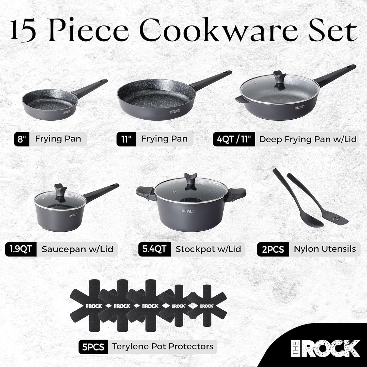 THE Rock SOHO 15Pcs Cookware Set – Pots and Pans Set Non Stick with Rock.TEC – Compact for Urban Kitchens, Nothing Sticks, Never Warps, Lasts Longer, Induction & Dishwasher Safe, Black