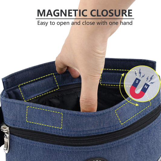 Dog Treat Pouch Bag with Magnetic Closure, 2 Zip Pockets, Dog Food Bag with Removable Inner Pocket, Padded Shoulder Strap, Perfect Food Bag for Agility Training - Including Carabiner - PuriLite
