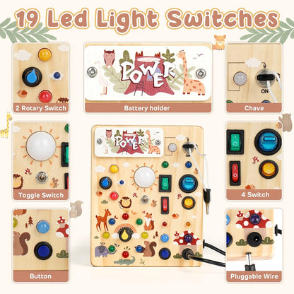 Joyreal Montessori Busy Board Wooden Sensory Toys for Toddler with LED Light Up Switch, Baby Fidget Board Travel Toys for 18+ Months, Boys Girls Birthday