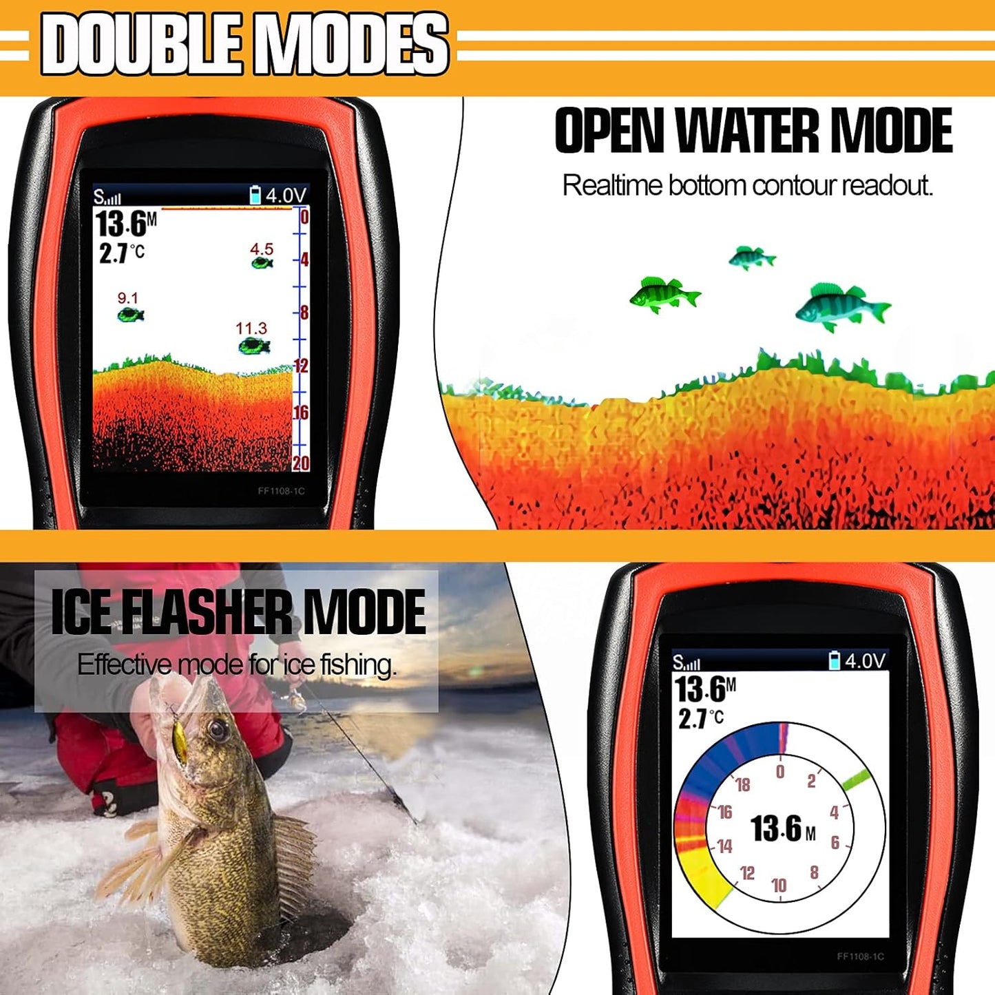 Atibin Handheld Wired Fish Finder Kayak Portable Display Depth Finder Boat Sonar Fish Finders Transducer Sensor LCD Screen
