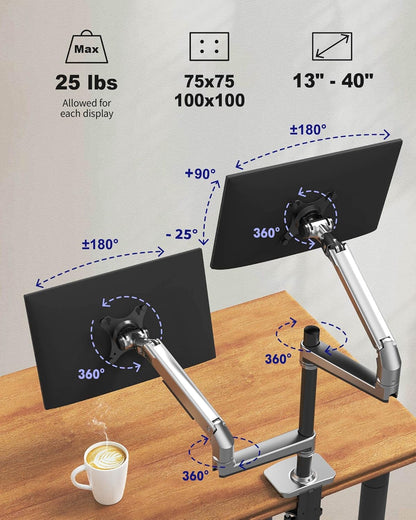 ErgoUnion Dual Monitor Stand for Desk, Vertical Dual Monitor Mount with Wide Range of Motion, Dual Monitor Arm for 17-40" Screen up to 25 lbs Each, Computer Monitor Stand for 2 Monitors - Black