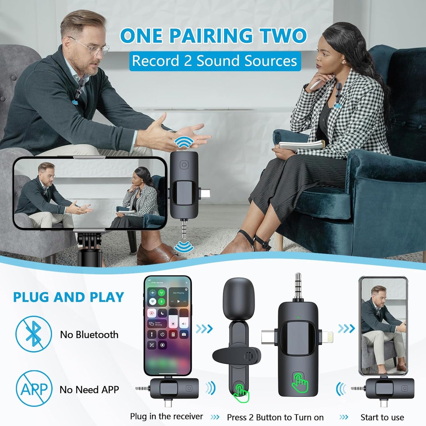 2 Pack Wireless Lavalier Microphone for iPhone iPad, RICCHI Mini Microphone Plug-Play Wireless Mic for Video Recording, Interview, YouTube, Facebook, TikTok, Auto Sync and Noise Reduction