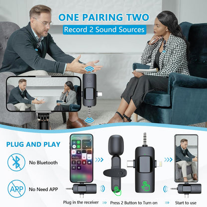 2 Pack Wireless Lavalier Microphone for iPhone iPad, RICCHI Mini Microphone Plug-Play Wireless Mic for Video Recording, Interview, YouTube, Facebook, TikTok, Auto Sync and Noise Reduction