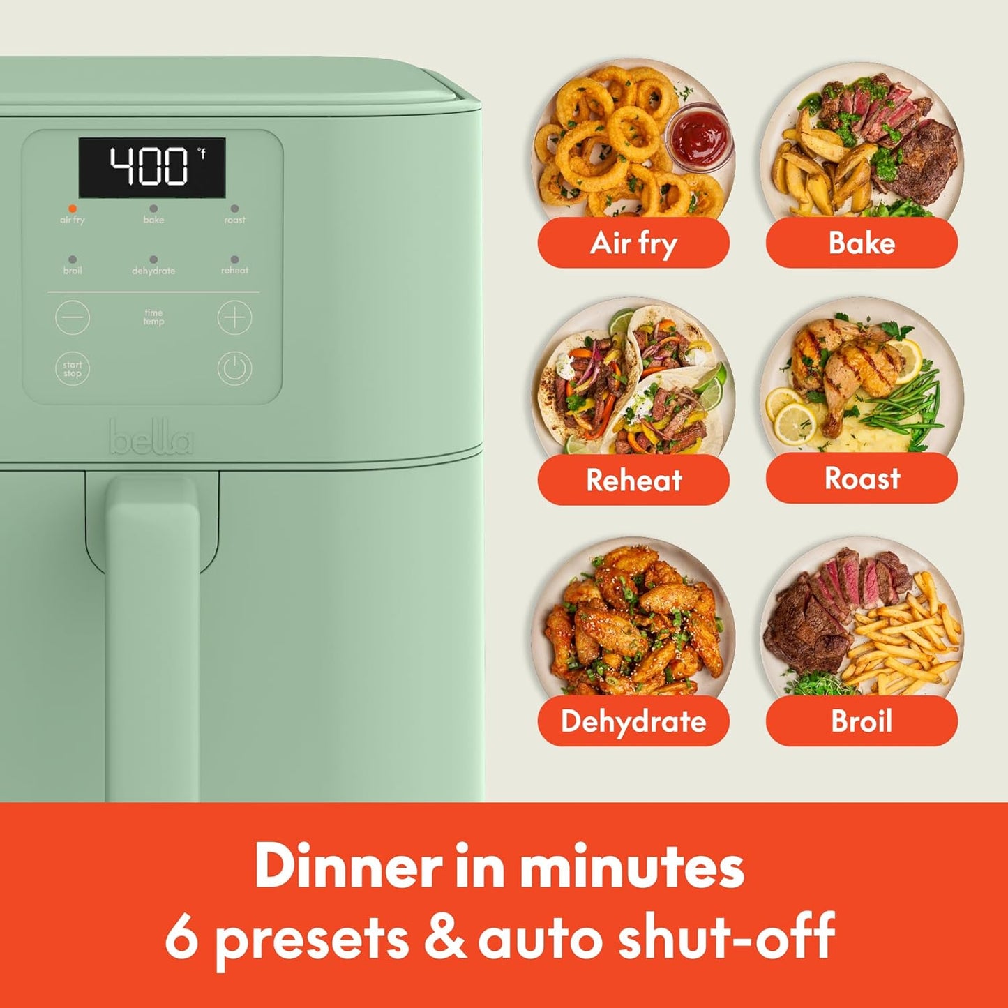 bella 4Qt Slim Air Fryer, Fits-anywhere Kitchenware, EverGood Ceramic Nonstick Coating, Adjustable Temperature, 6 Preset Cooking Options, 60 Min Auto Shutoff w Audible Tone, 3.3lb Capacity, Surf