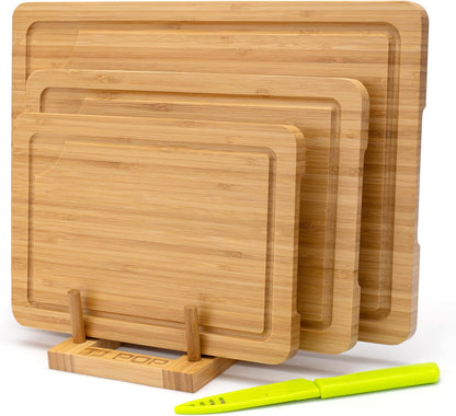 Bamboo Cutting Board for Kitchen, Bamboo Cutting Board Set of 3 with Juice Groove, Double-Sided Chopping Board Serving Board with Hanging Hole for Meat, Vegetables and Cheese