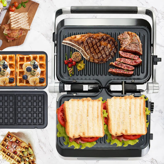 Panini Grill Press Sandwich Maker | Commercial Smokeless Indoor Grill, 1600W, 180° Open, Removable Plates, Stainless Steel, Ideal Kitchen Gift for Steak, Hamburger, Waffle