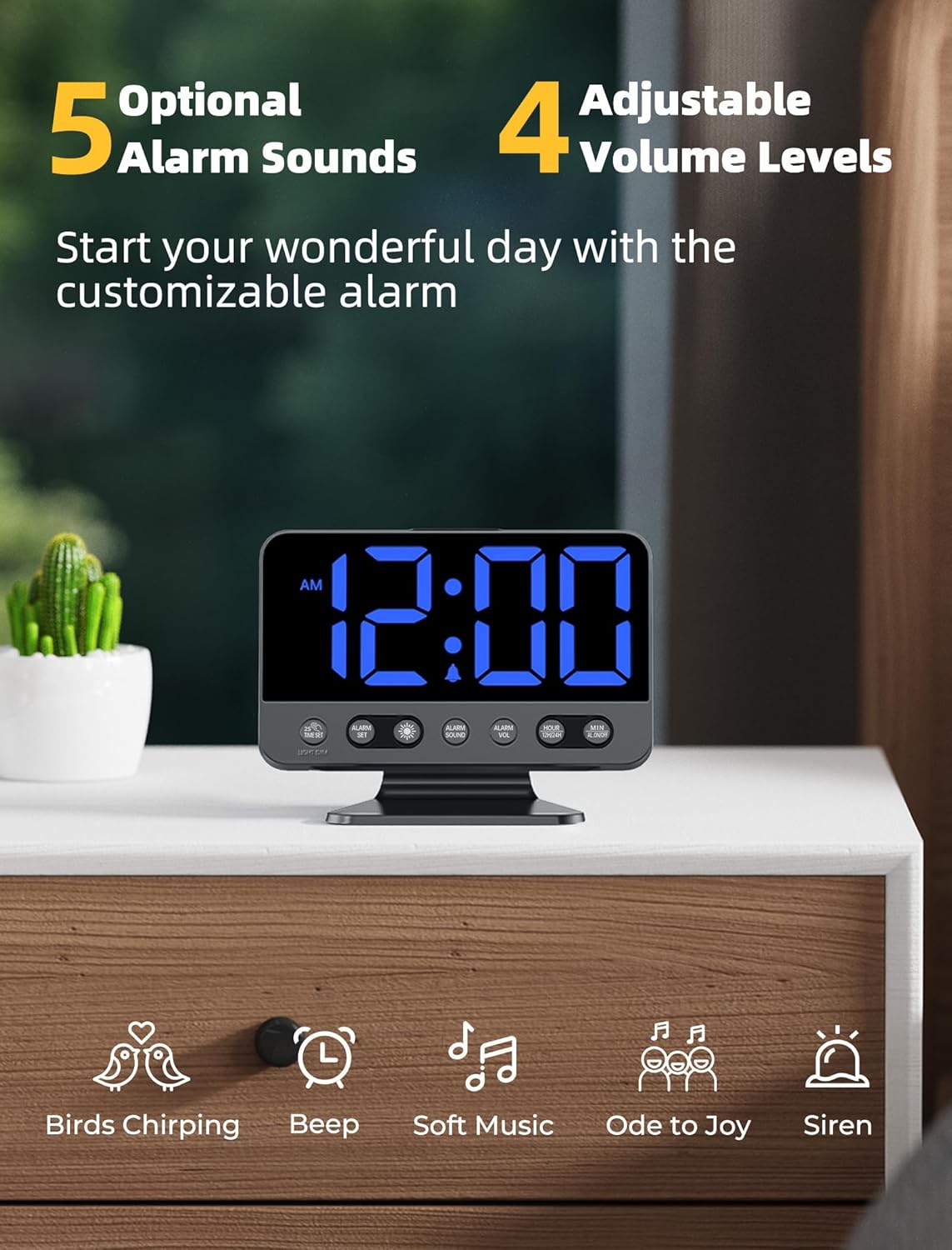 Odokee Digital Alarm Clocks for Bedrooms: Large Bold Number 5 Brightness Dimmer - Easy to Read Across The Room - 5 Alarm Sound 8 Night Light - Silver