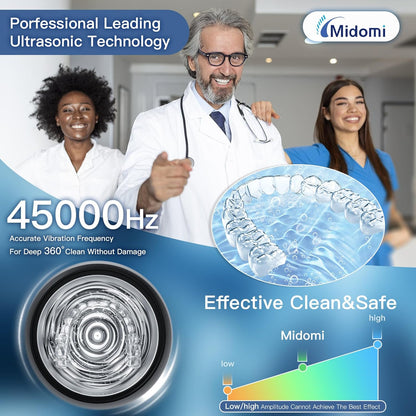 Midomi 45kHz Retainer Denture Cleaner Machine, Upgraded Jewelry Cleaner, 5min and 10min Timer with Rechargable Top Cover, 200ml Dental Cleaning Pod, MouthGuard Cleaner for Aligner NightGuard