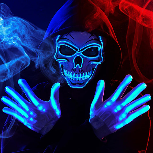 JOYIN Halloween Led Light Up Mask and Glowing Gloves, Scary Glow Up Skull Mask, Glow in The Dark Skeleton Mask for Kids Adults Halloween Cosplay Costumes Accessory Party Dress Up Props