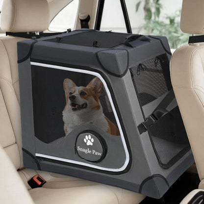 Snagle Paw Portable Dog Crate for Car Travel,Metal Frame Pet Crate,Pet Carrier for Car Back Seat Secures with Headrest Strap and Seatbelt,M