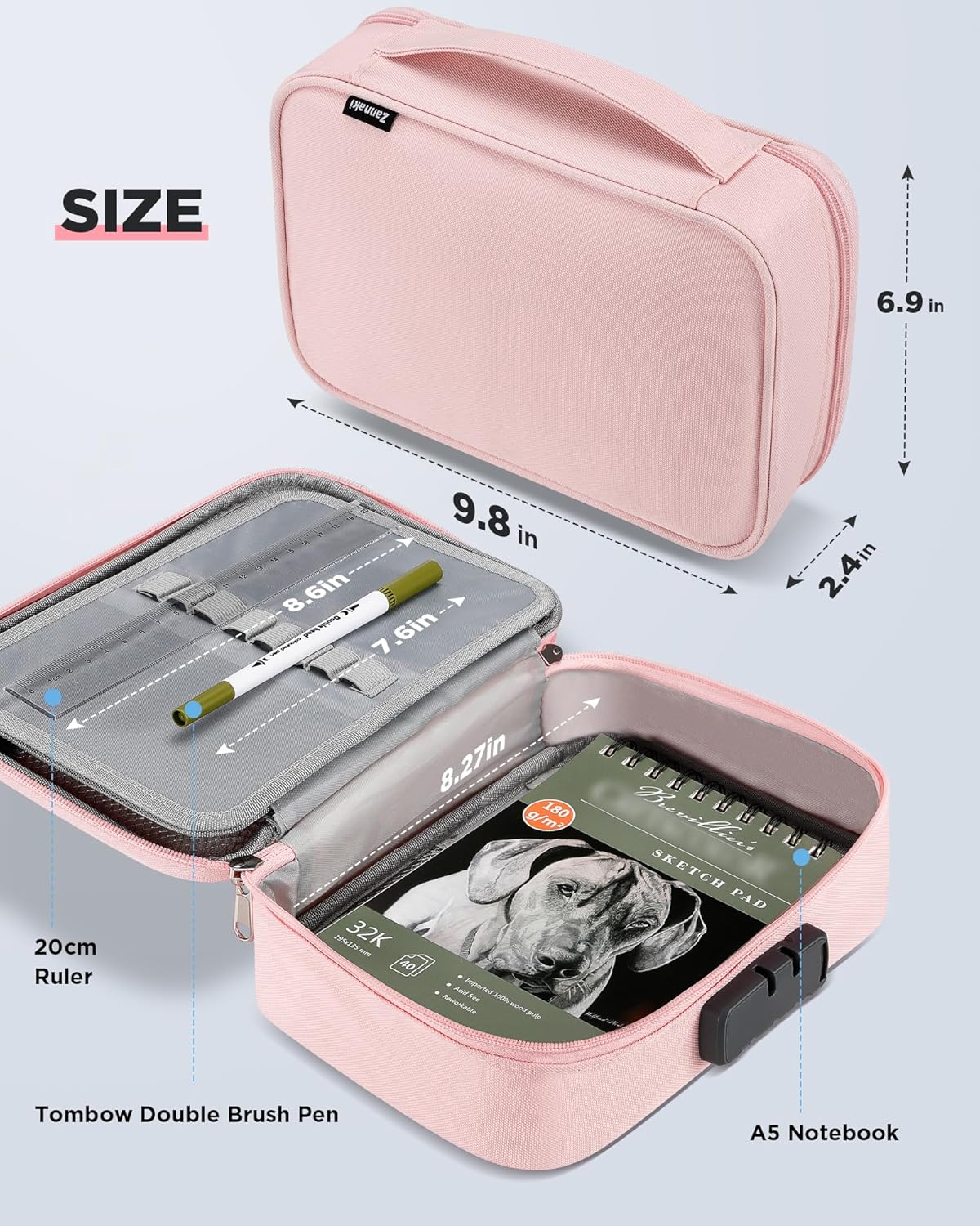 Zannaki Large Capacity Pencil Pouch Case with Lock, Pen Marker Stationery Bag Art Supply Storage Organizer Box for Bullet Journal Middle High School College Student Teen Girl Boy Women Adult, Pink