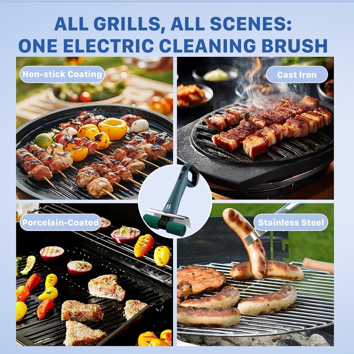 Hillyfe Electric Grill Brush,Grill Brush Bristle Free Dual Rotating Brush Heads Save Time,with 450 RPM&LED Light Includes 4 Scouring Pads,Suitable for Square,Round and Mesh Barbecue Grills,Blue