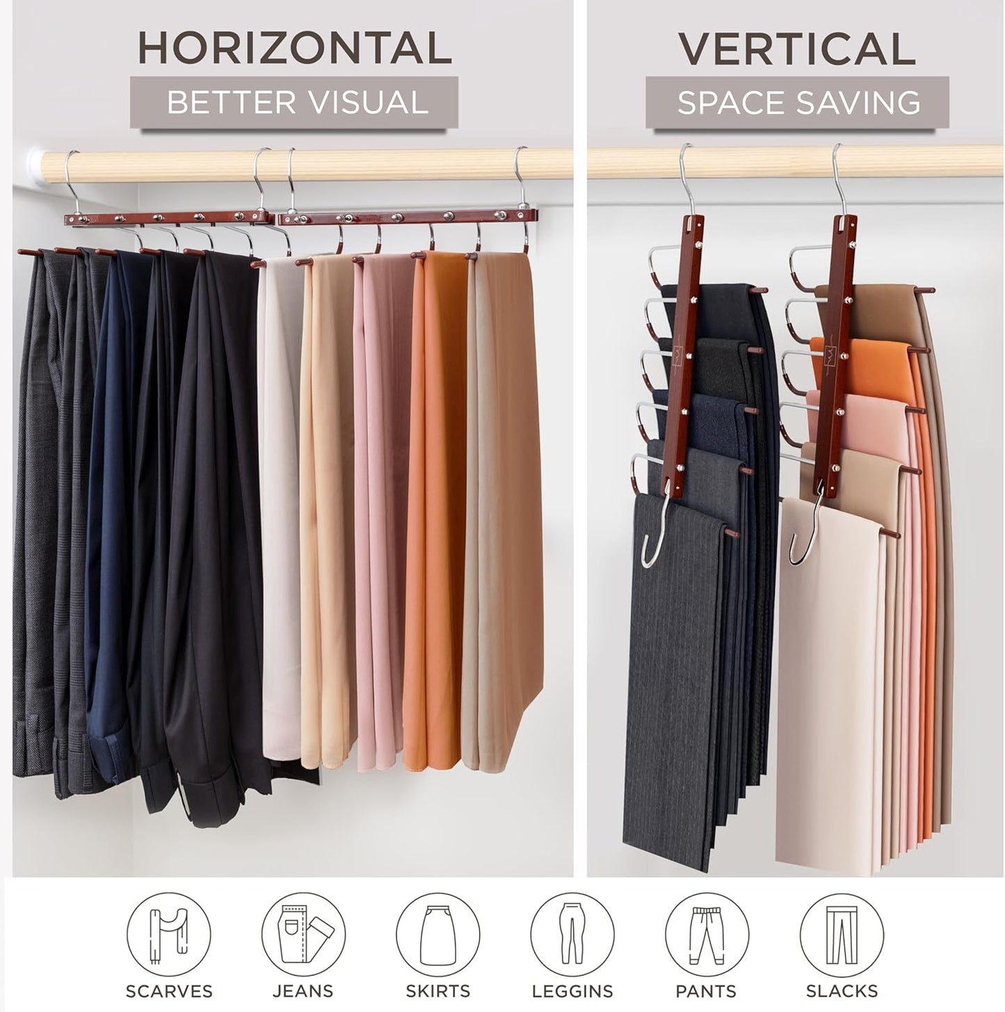 MORALVE Pants Hangers Space Saving – 2 Pack European Beechwood Hanger for Jeans, Scarves, Leggings – Closet Organizer and Space Saver Pant Rack, Leggings Hanger, and Scarf Holder with 360° Swivel Hook