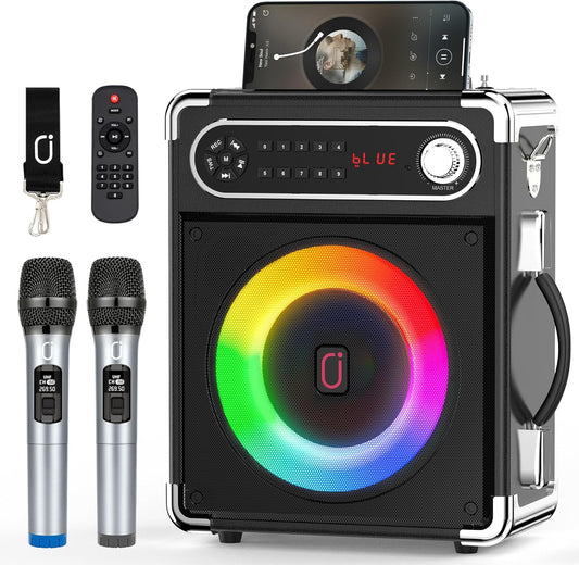 JYX Karaoke Machine with Two Wireless Microphones, Portable Bluetooth Speaker with Bass/Treble Adjustment, Remote Control and LED Lights, Supports TF Card/USB, AUX in, FM, REC for Party