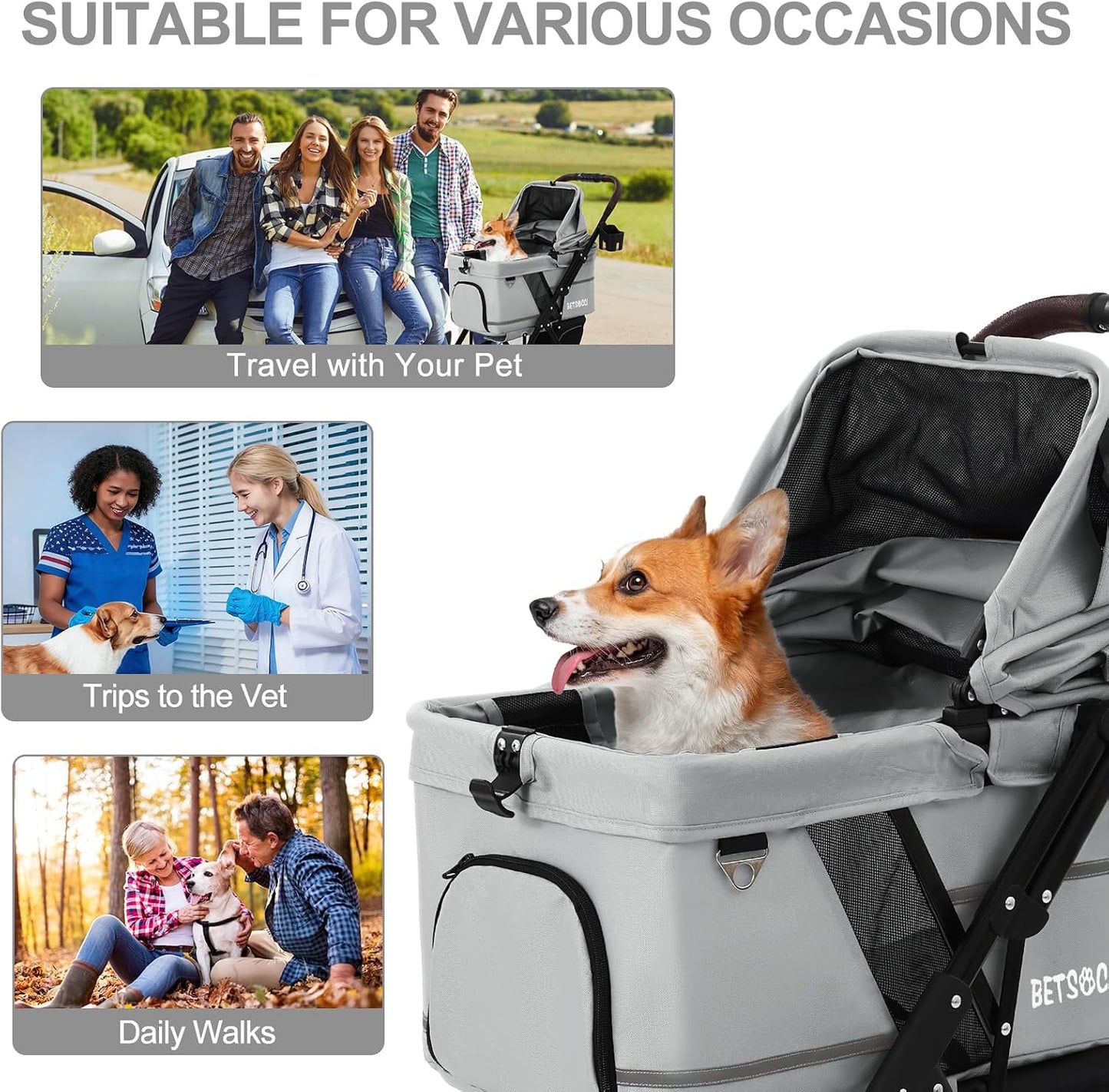 Pet Stroller for Small Medium Dogs Cats with 4 Wheels Grey | NO-ZIP Dog Cat Stroller, Max Load 45 lbs, Easy Folding, Compact Portable