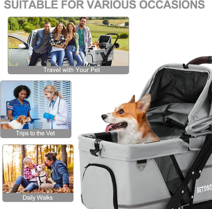 Pet Stroller for Small Medium Dogs Cats with 4 Wheels Grey | NO-ZIP Dog Cat Stroller, Max Load 45 lbs, Easy Folding, Compact Portable