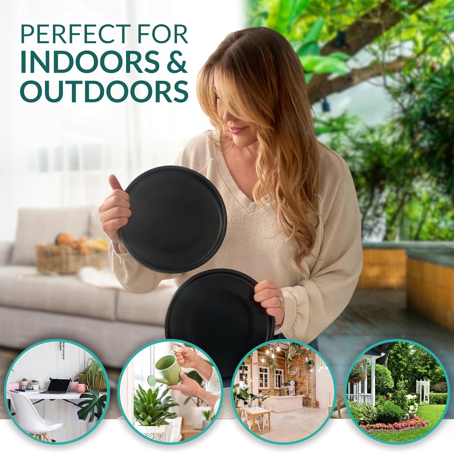 Heavy Duty Ceramic Black Plant Saucer - with Silicone Feet for Added Surface Protection - Scratch-Resistant Plant Drip Trays for Pots 8.3" at the Base or Less, Plant Plate, 7-8 Inch Plant Saucer