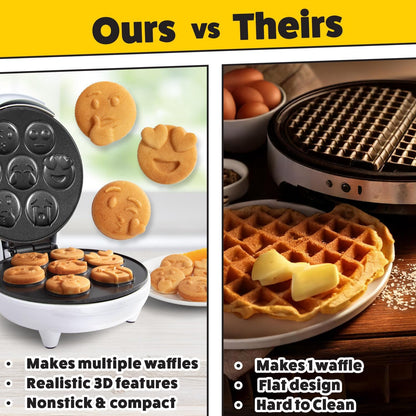 Mini Emojis Waffle Maker - Create 7 Adorable Emoji Waffles or Pancakes with Electric Non Stick Waffler Iron - Featuring a Kiss Face, Heart Eyes, Smile Expressions & More - Fun for Kids