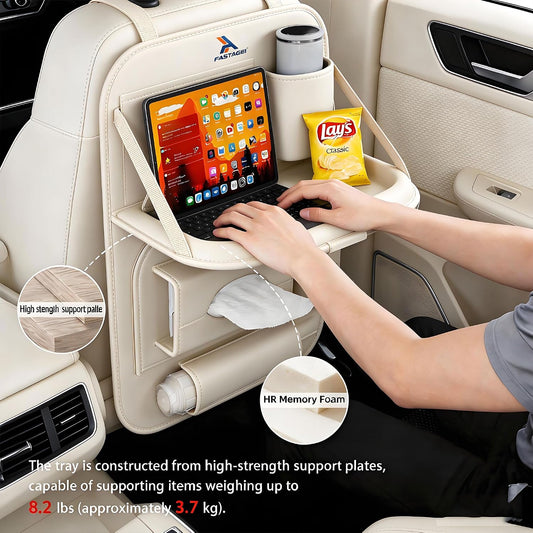 Universal Premium Leather Foldable Car Backseat Organizer with Table Tray, Car Seat Back Protector with Garbage Bag Touch Screen Pad Holder, Car Kick Mats Protector with Tissue Holder (Beige)